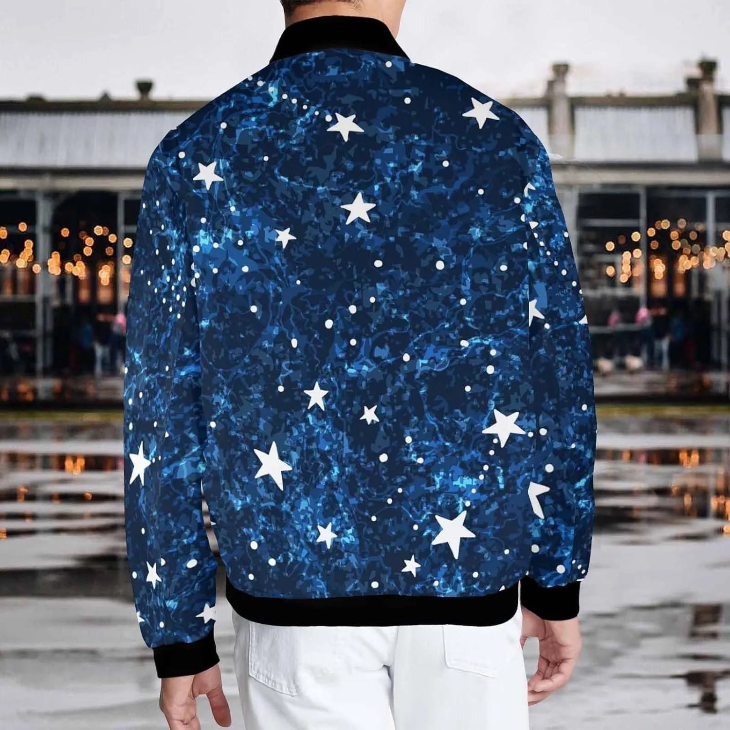 Mens Light Jacket Space Pattern with Planets and Stars Varsity Bomber Jackets for Men Graphic Print Fashion Coats