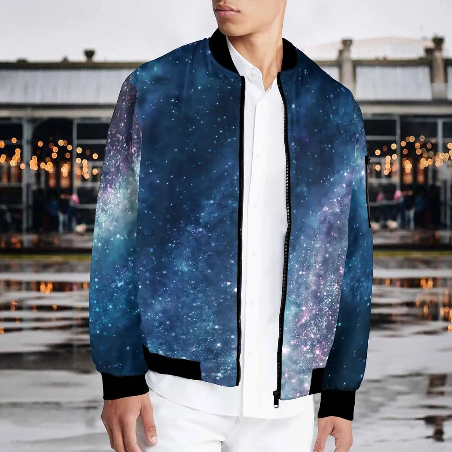 Mens Light Jacket Space Pattern with Planets and Stars Varsity Bomber Jackets for Men Graphic Print Fashion Coats