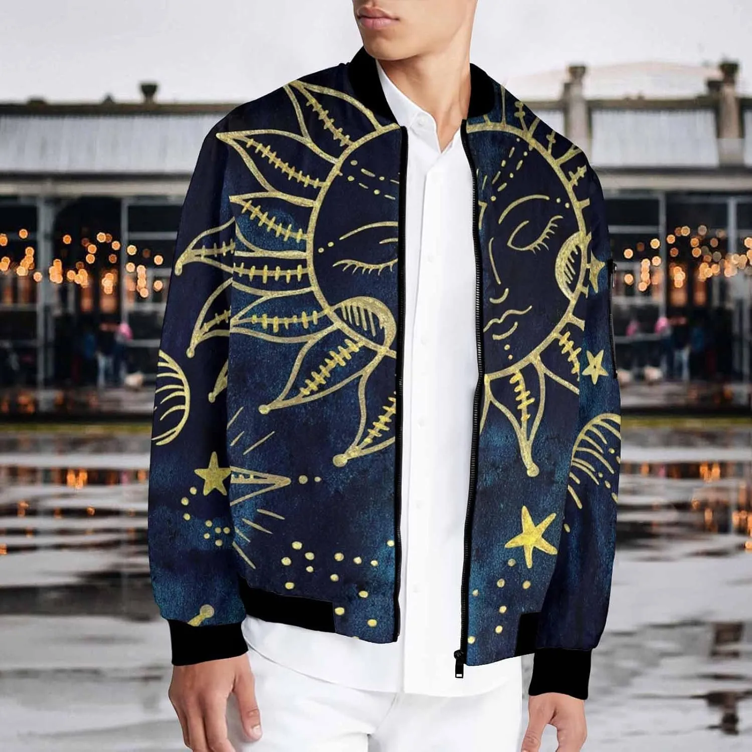 Mens Light Jacket Space Pattern with Planets and Stars Varsity Bomber Jackets for Men Graphic Print Fashion Coats