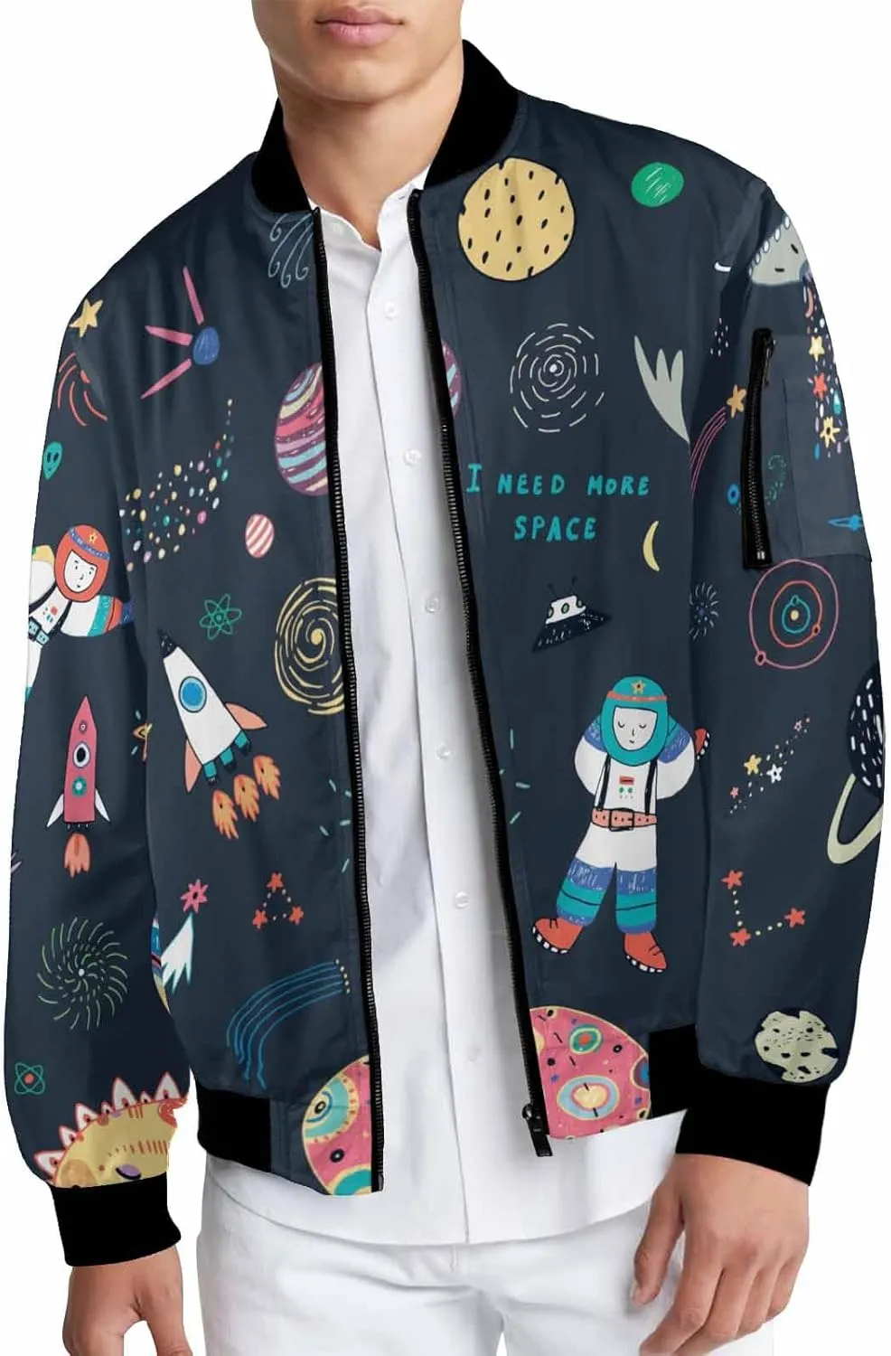 Mens Light Jacket Space Pattern with Planets and Stars Varsity Bomber Jackets for Men Graphic Print Fashion Coats