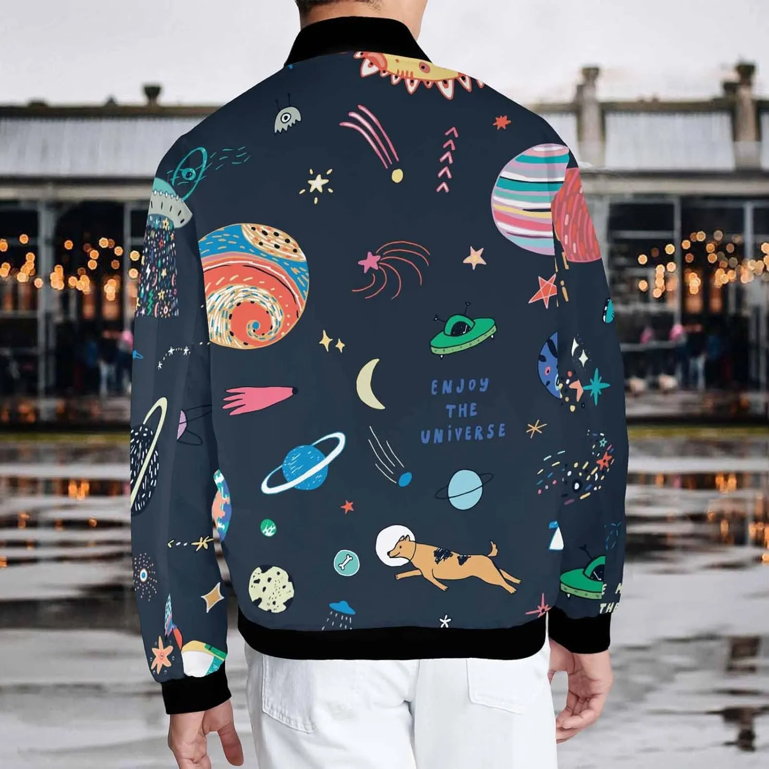 Mens Light Jacket Space Pattern with Planets and Stars Varsity Bomber Jackets for Men Graphic Print Fashion Coats