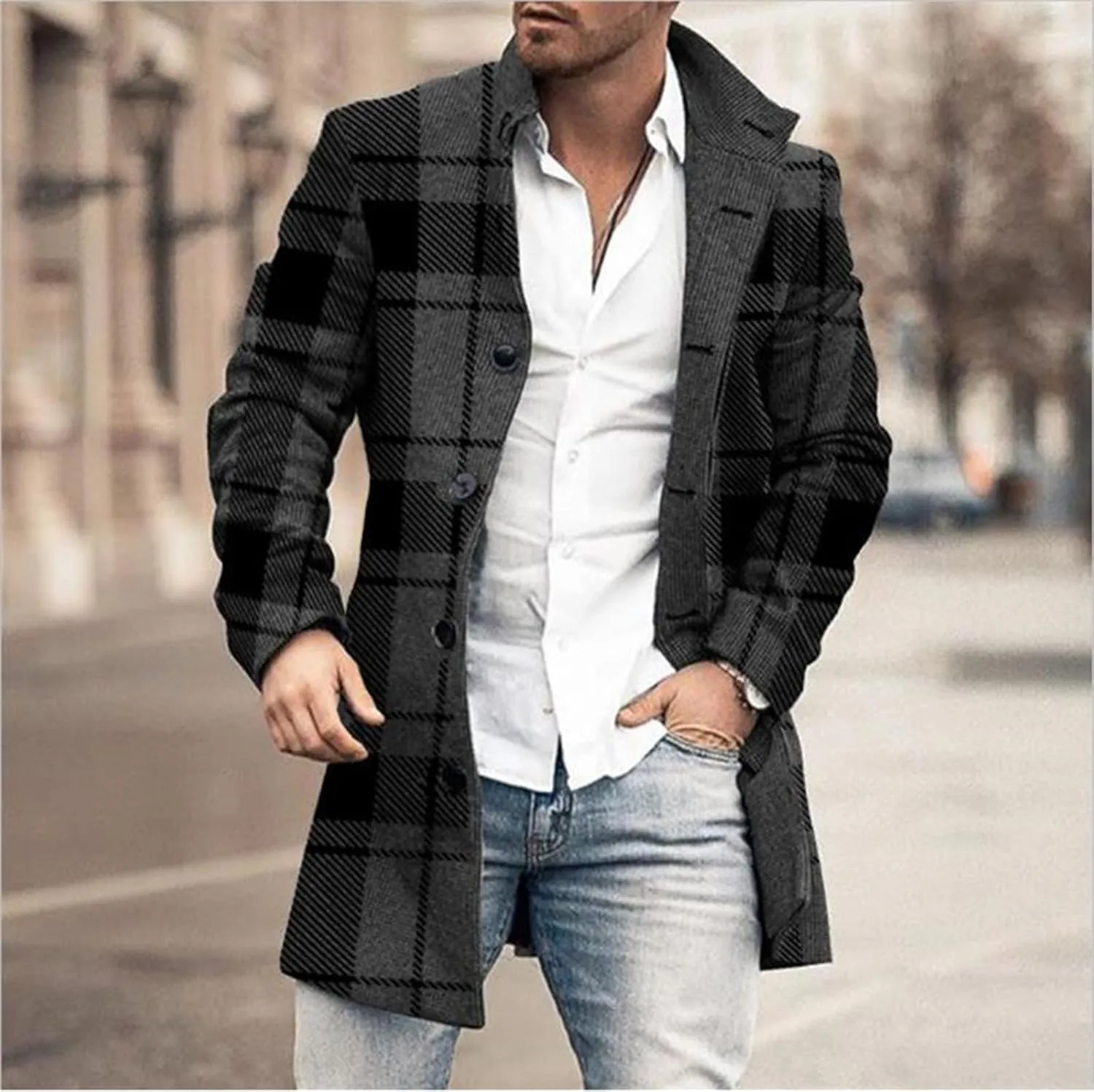 Men's Plaid Trench Coat Lapel Collar Mid Long Jacket Single Breasted Long Overcoat Classic Stylish Business Coat Tops