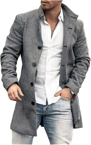 Men's Plaid Trench Coat Lapel Collar Mid Long Jacket Single Breasted Long Overcoat Classic Stylish Business Coat Tops