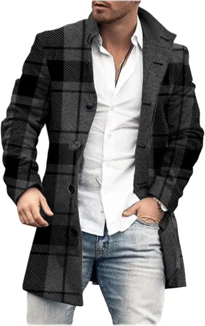 Men's Plaid Trench Coat Lapel Collar Mid Long Jacket Single Breasted Long Overcoat Classic Stylish Business Coat Tops