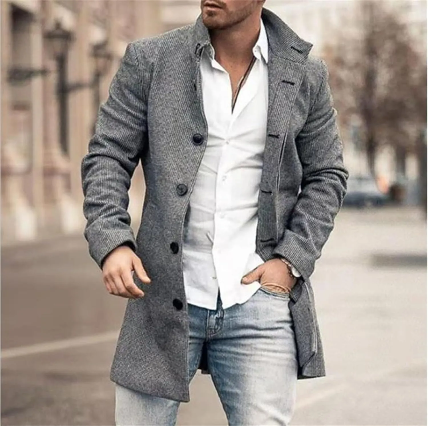 Men's Plaid Trench Coat Lapel Collar Mid Long Jacket Single Breasted Long Overcoat Classic Stylish Business Coat Tops