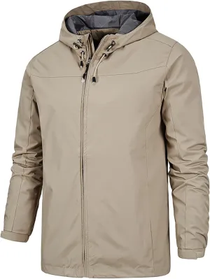 Men's Rain Jacket with Hooded Spring Summer Water Resistant Windbreaker Tactical Hiking Travel Camping Outdoor Raincoat