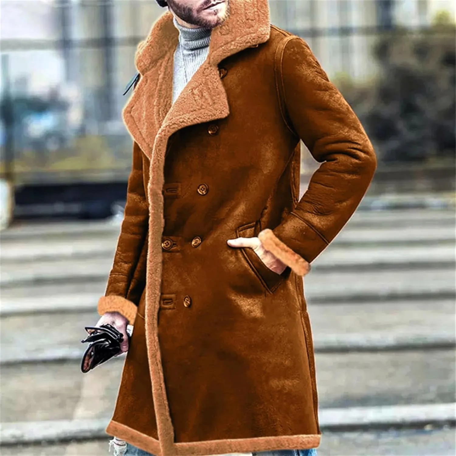 Mens Sherpa Lined Long Jacket Faux Leather Shearling Thick Jacket Fur Collar Long Trench Coats Winter Warm Fleece Coat