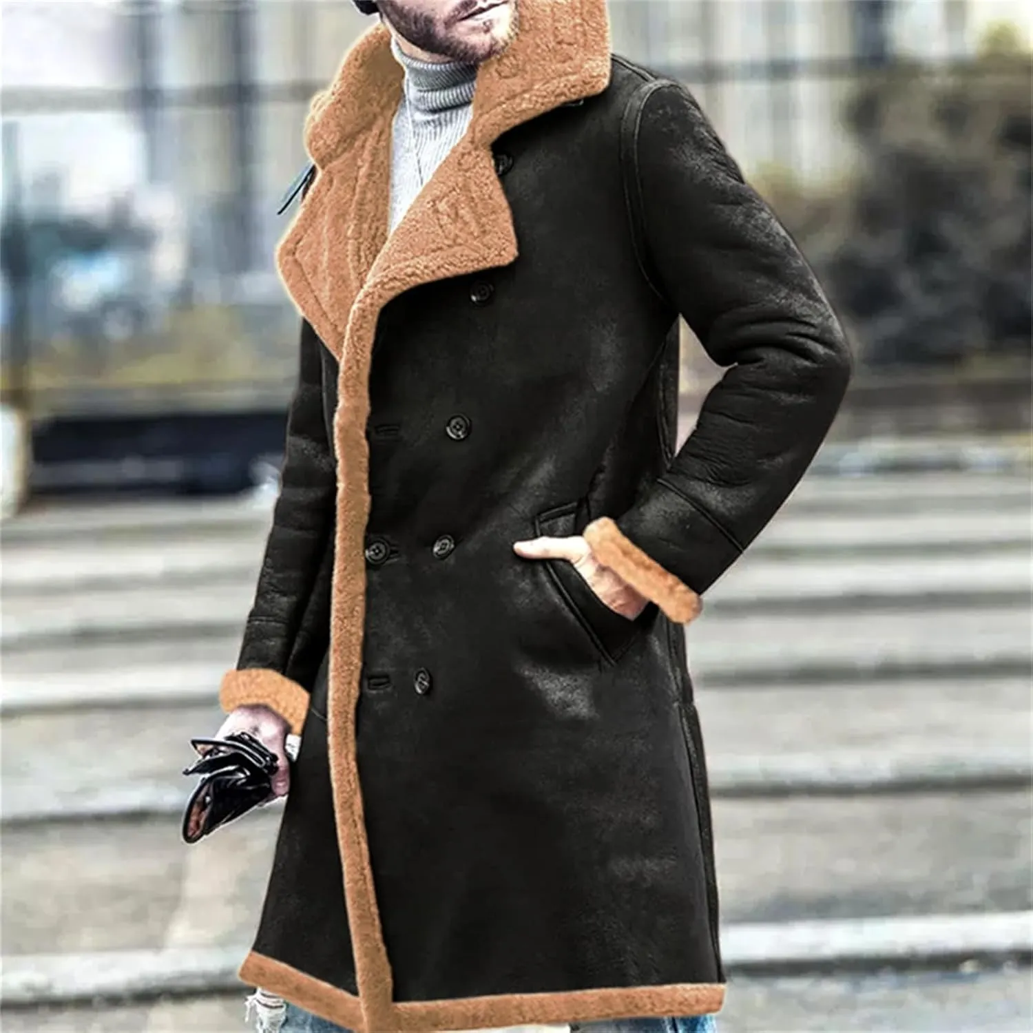 Mens Sherpa Lined Long Jacket Faux Leather Shearling Thick Jacket Fur Collar Long Trench Coats Winter Warm Fleece Coat