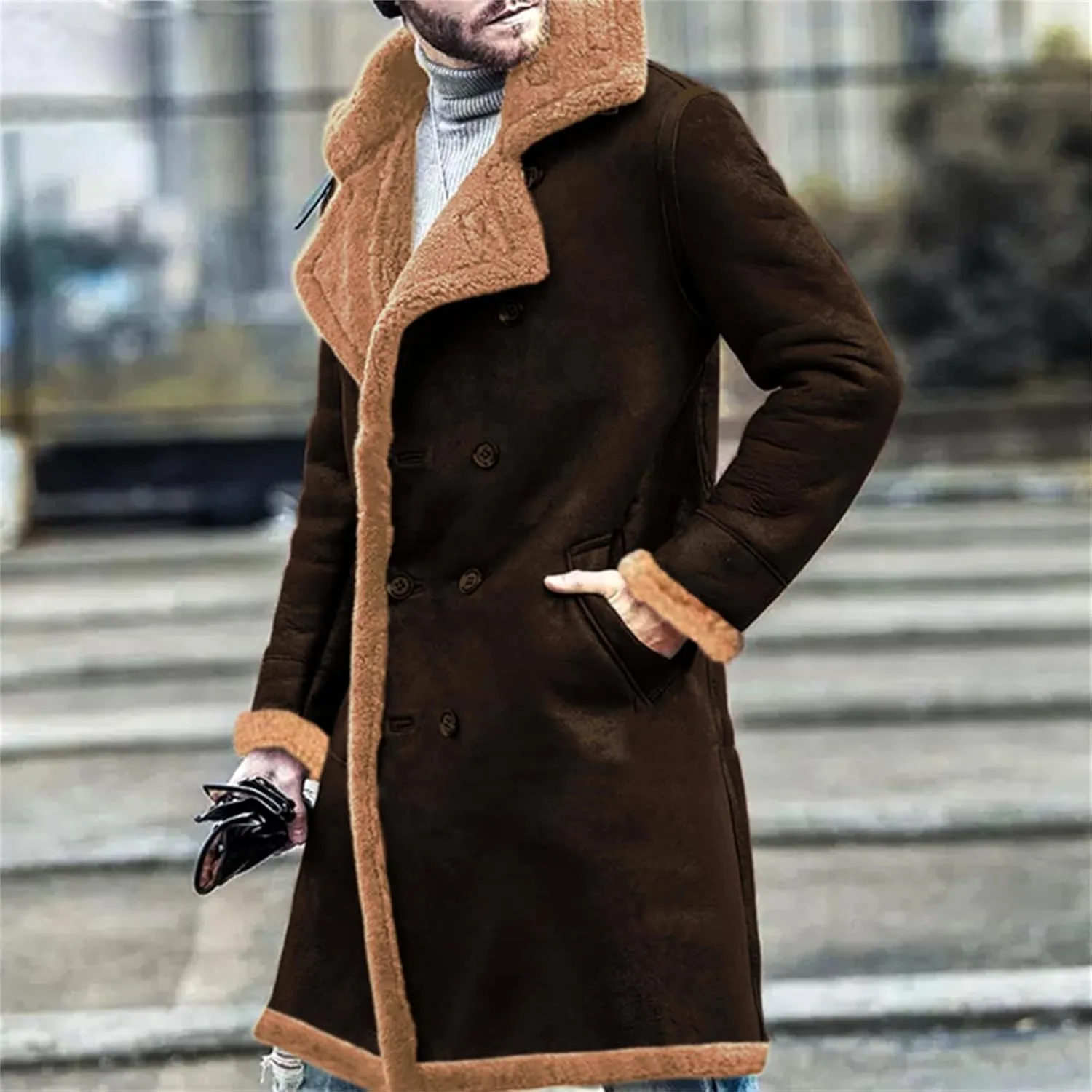 Mens Sherpa Lined Long Jacket Faux Leather Shearling Thick Jacket Fur Collar Long Trench Coats Winter Warm Fleece Coat