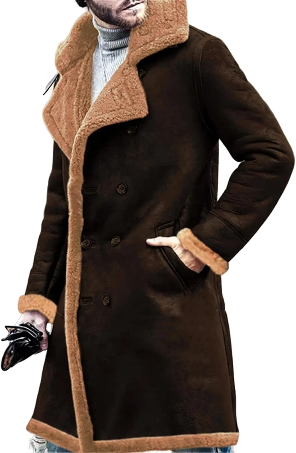 Mens Sherpa Lined Long Jacket Faux Leather Shearling Thick Jacket Fur Collar Long Trench Coats Winter Warm Fleece Coat