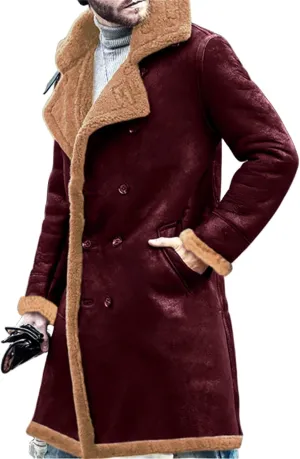 Mens Sherpa Lined Long Jacket Faux Leather Shearling Thick Jacket Fur Collar Long Trench Coats Winter Warm Fleece Coat