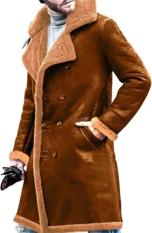 Mens Sherpa Lined Long Jacket Faux Leather Shearling Thick Jacket Fur Collar Long Trench Coats Winter Warm Fleece Coat