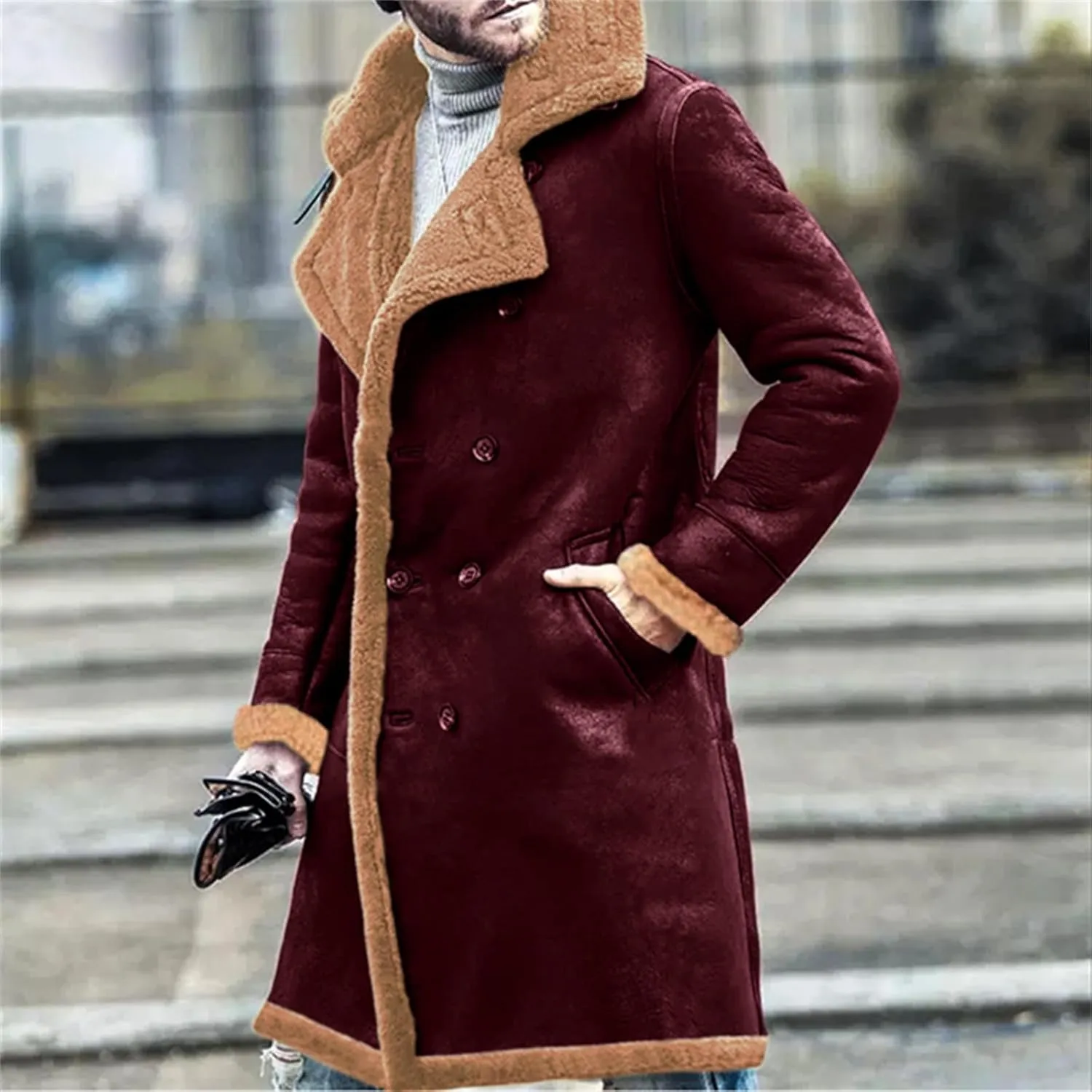 Mens Sherpa Lined Long Jacket Faux Leather Shearling Thick Jacket Fur Collar Long Trench Coats Winter Warm Fleece Coat