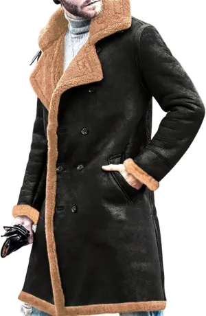 Mens Sherpa Lined Long Jacket Faux Leather Shearling Thick Jacket Fur Collar Long Trench Coats Winter Warm Fleece Coat