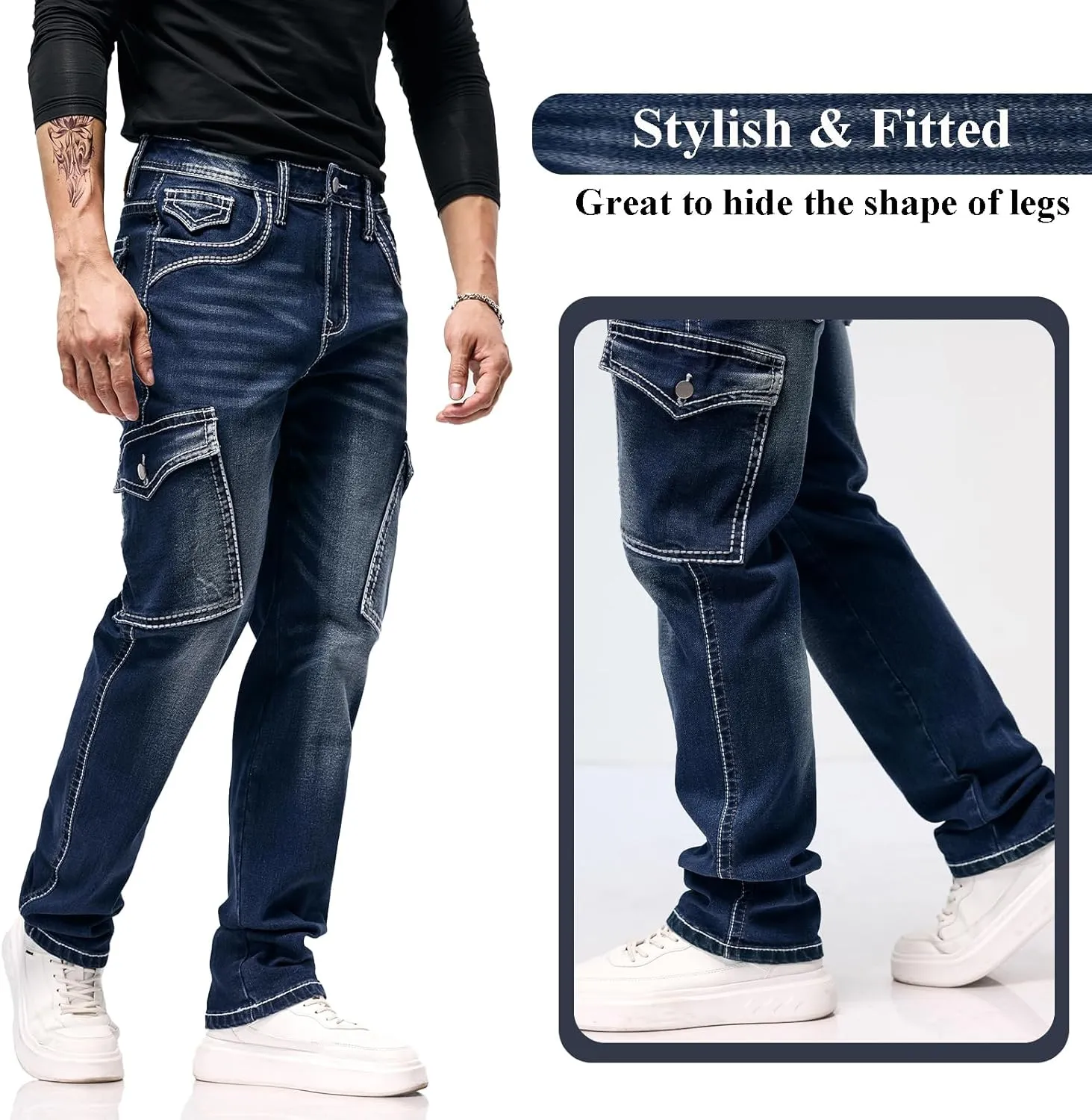 Men's Stretch Denim Jeans Classic Jeans with Embroidered Design, ESDVD Street Style Regular Jeans Relaxed Fit Pants Comfy