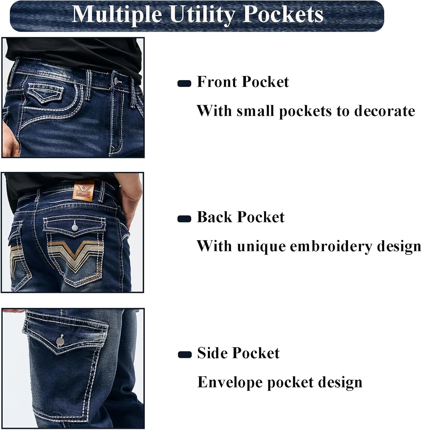 Men's Stretch Denim Jeans Classic Jeans with Embroidered Design, ESDVD Street Style Regular Jeans Relaxed Fit Pants Comfy
