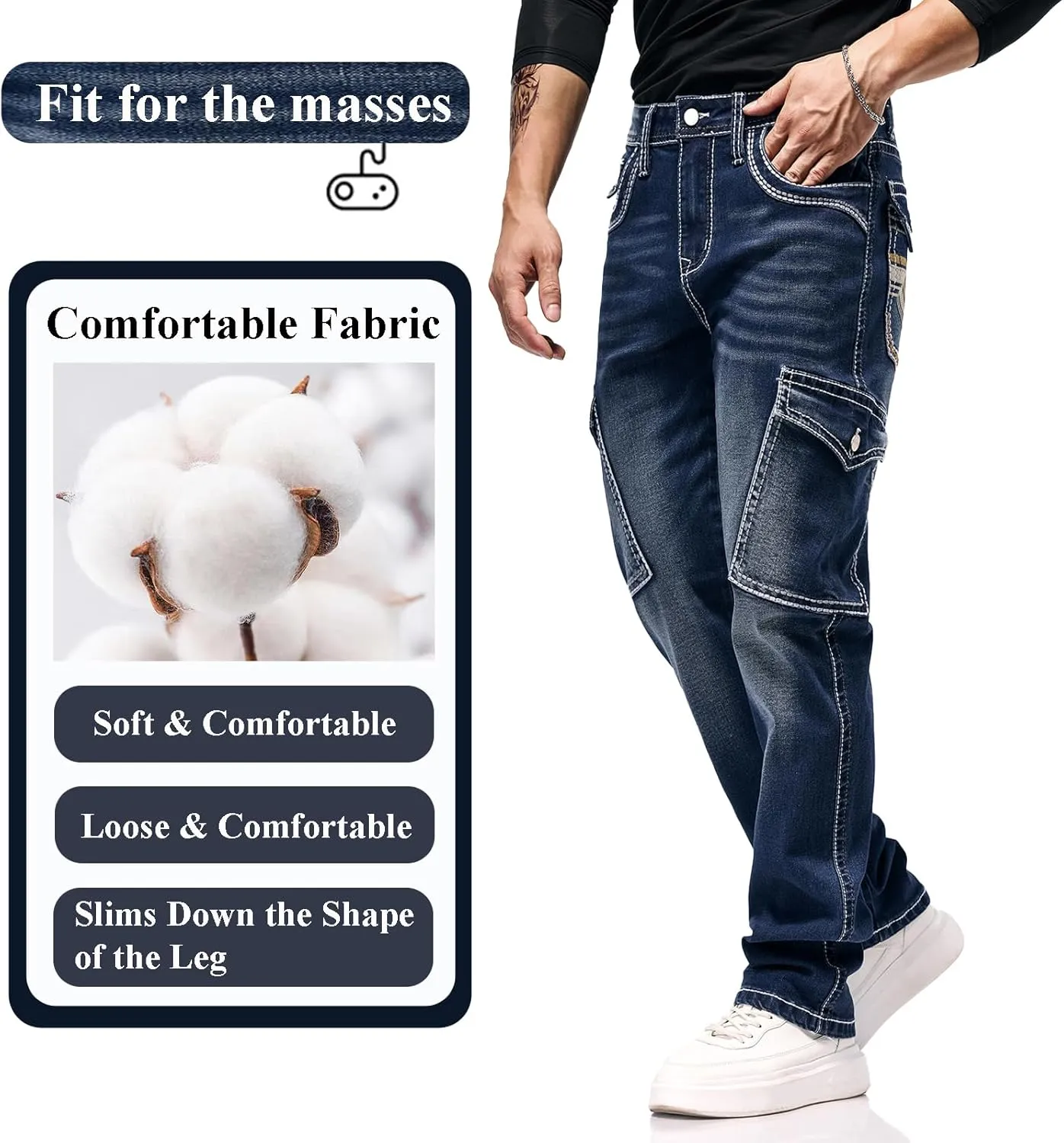 Men's Stretch Denim Jeans Classic Jeans with Embroidered Design, ESDVD Street Style Regular Jeans Relaxed Fit Pants Comfy