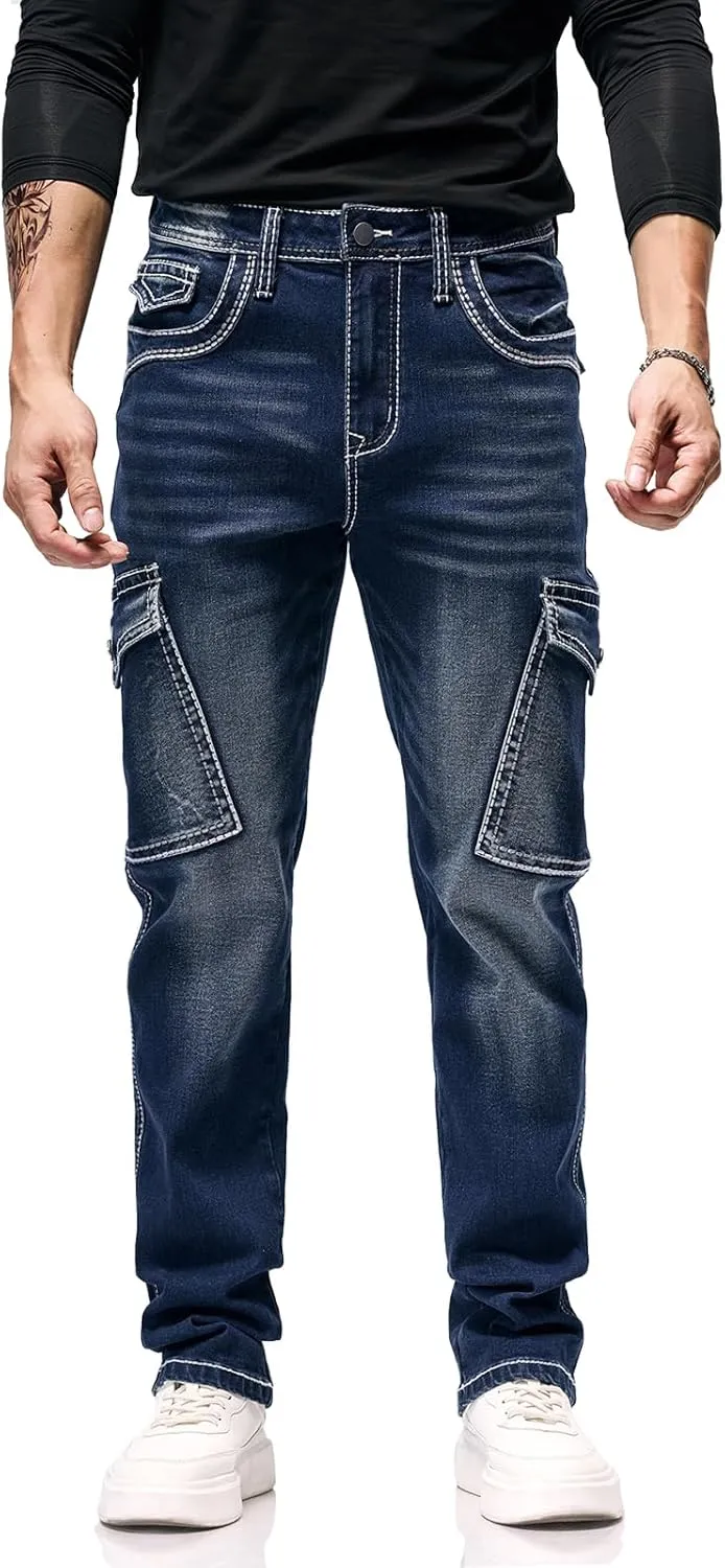 Men's Stretch Denim Jeans Classic Jeans with Embroidered Design, ESDVD Street Style Regular Jeans Relaxed Fit Pants Comfy