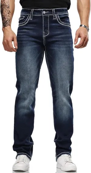Men's Stretch Denim Jeans Classic Jeans with Embroidered Design, ESDVD Street Style Regular Jeans Relaxed Fit Pants Comfy