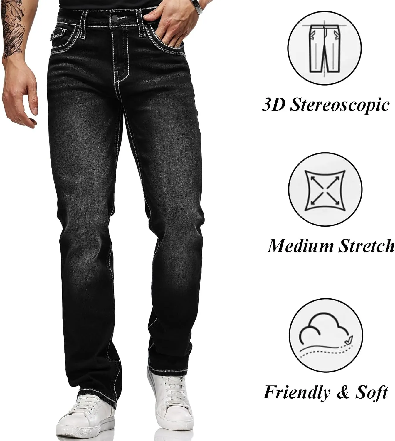 Men's Stretch Denim Jeans Classic Jeans with Embroidered Design, ESDVD Street Style Regular Jeans Relaxed Fit Pants Comfy