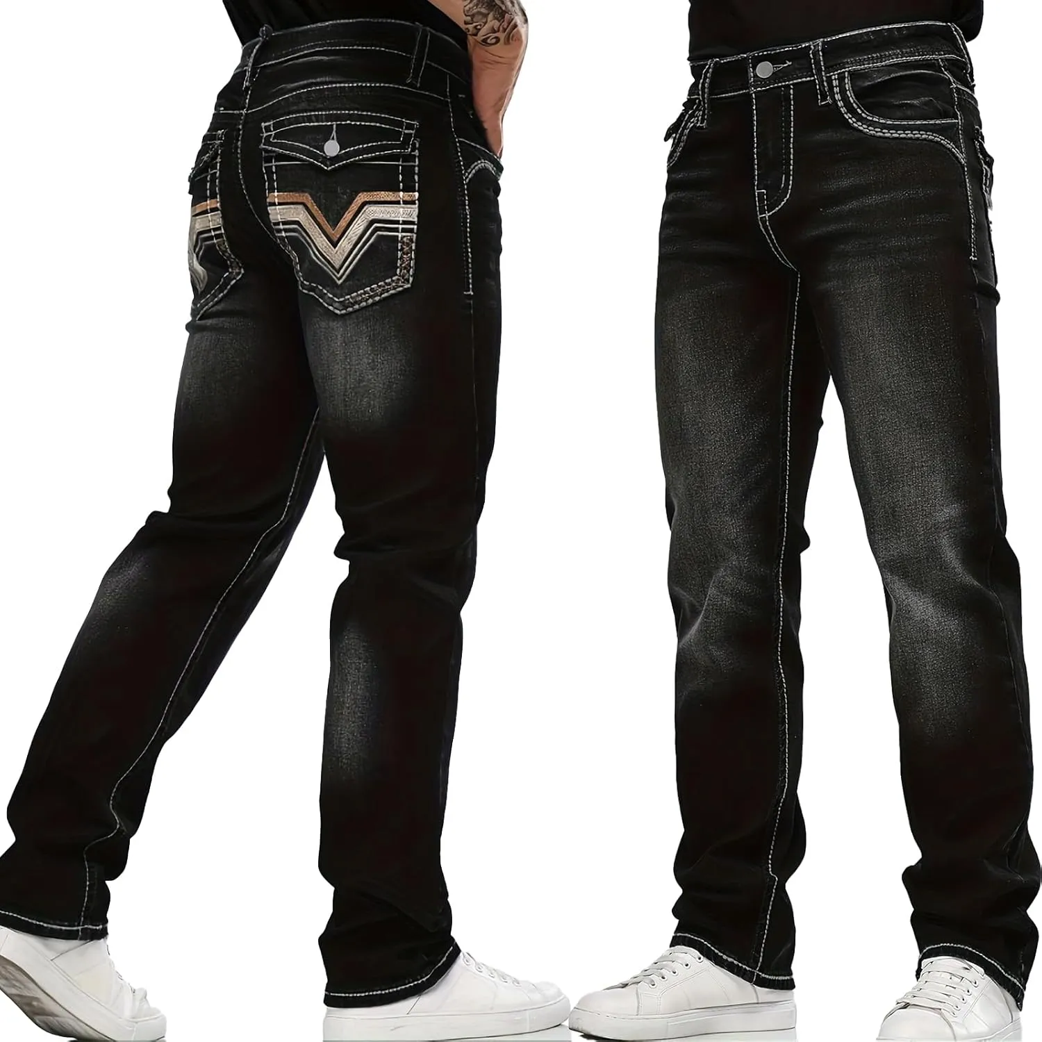 Men's Stretch Denim Jeans Classic Jeans with Embroidered Design, ESDVD Street Style Regular Jeans Relaxed Fit Pants Comfy