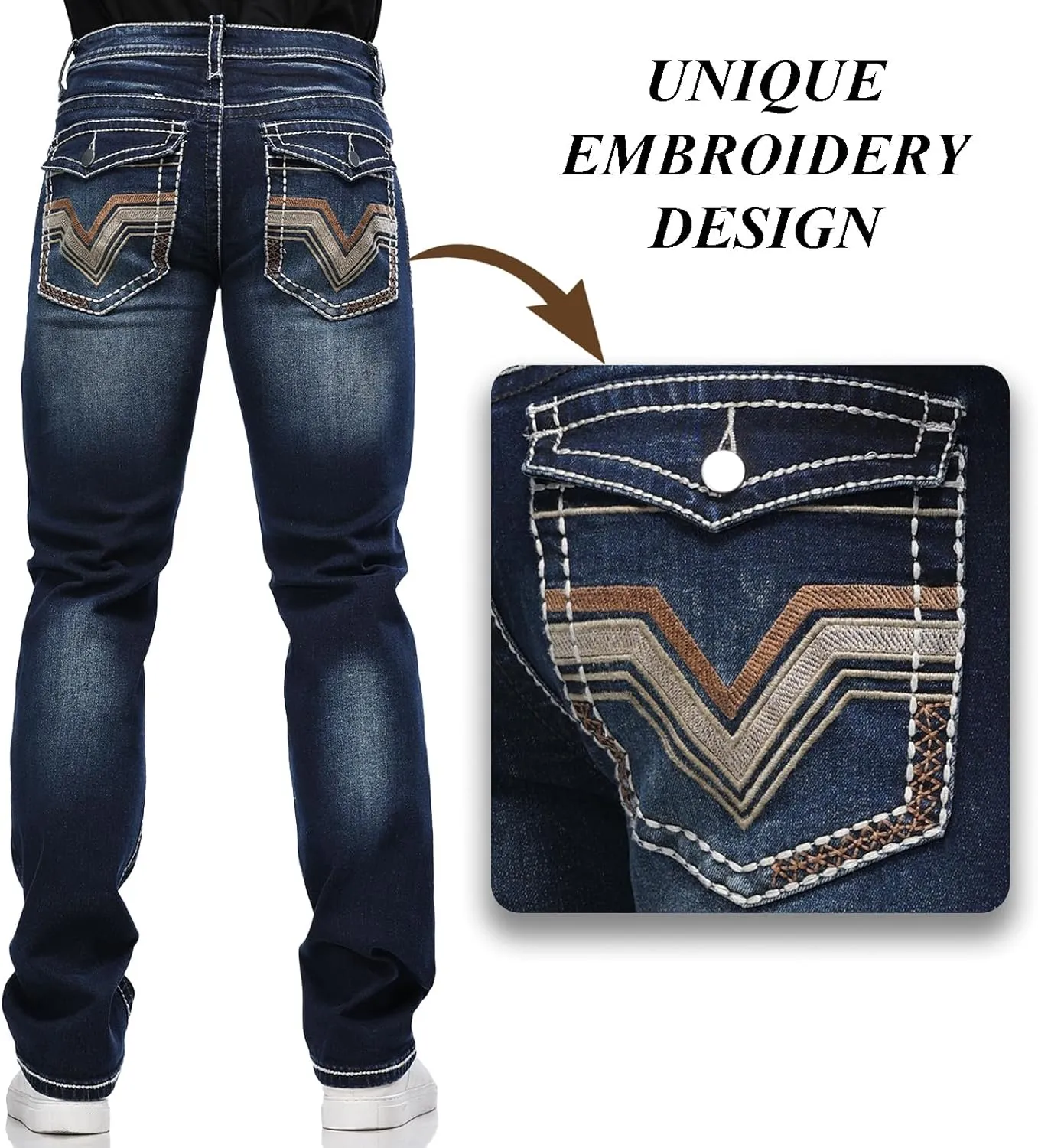 Men's Stretch Denim Jeans Classic Jeans with Embroidered Design, ESDVD Street Style Regular Jeans Relaxed Fit Pants Comfy