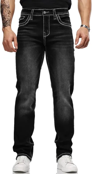 Men's Stretch Denim Jeans Classic Jeans with Embroidered Design, ESDVD Street Style Regular Jeans Relaxed Fit Pants Comfy