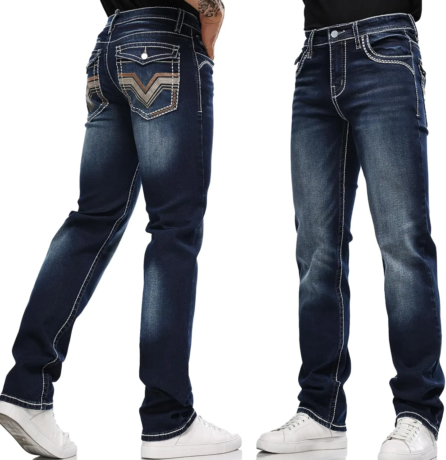 Men's Stretch Denim Jeans Classic Jeans with Embroidered Design, ESDVD Street Style Regular Jeans Relaxed Fit Pants Comfy