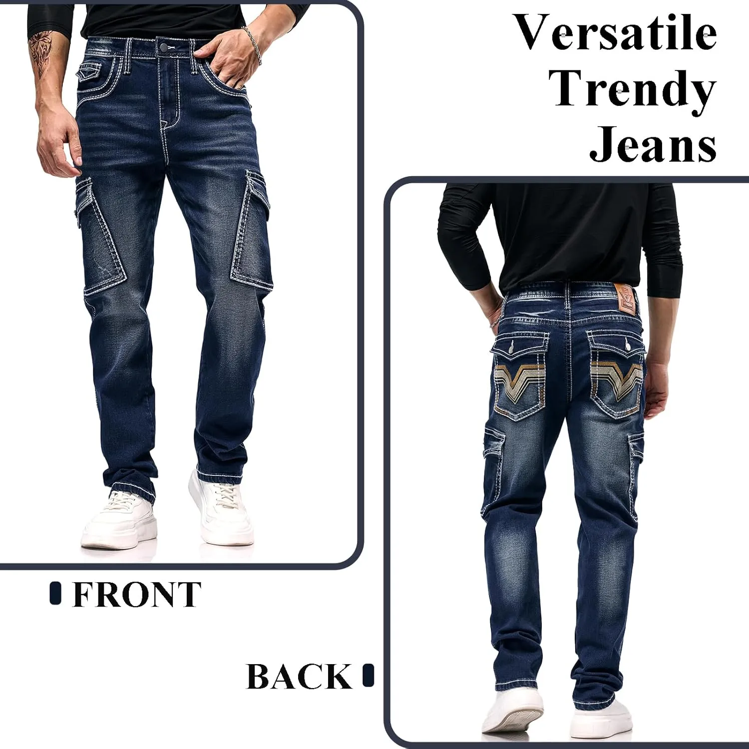 Men's Stretch Denim Jeans Classic Jeans with Embroidered Design, ESDVD Street Style Regular Jeans Relaxed Fit Pants Comfy