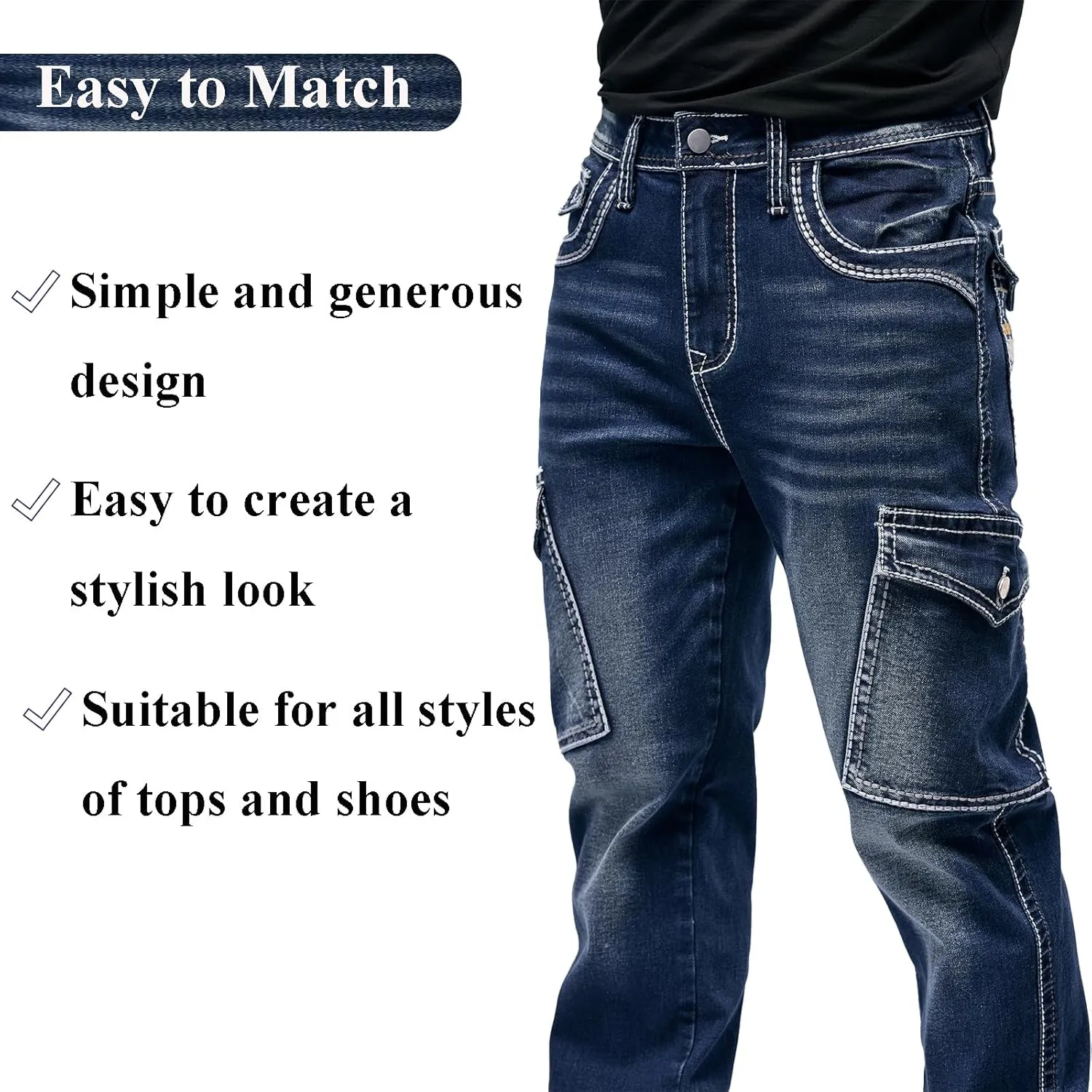 Men's Stretch Denim Jeans Classic Jeans with Embroidered Design, ESDVD Street Style Regular Jeans Relaxed Fit Pants Comfy