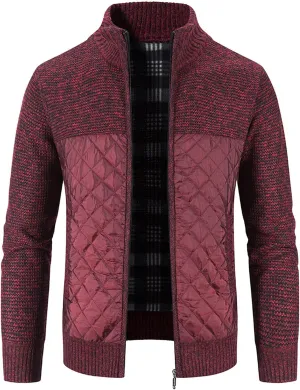 Men's Winter Cotton-padded Jacket Knitted Splice Stand Collar Sweater Coat Casual Cardigan Stylish Outwear jackets for men (Red, L)