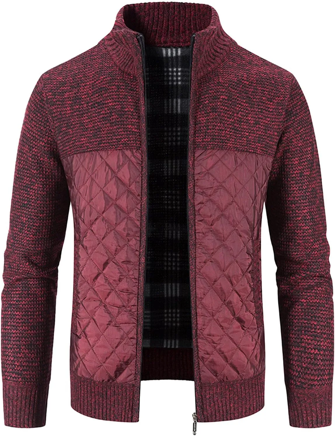 Men's Winter Cotton-padded Jacket Knitted Splice Stand Collar Sweater Coat Casual Cardigan Stylish Outwear jackets for men (Red, L)