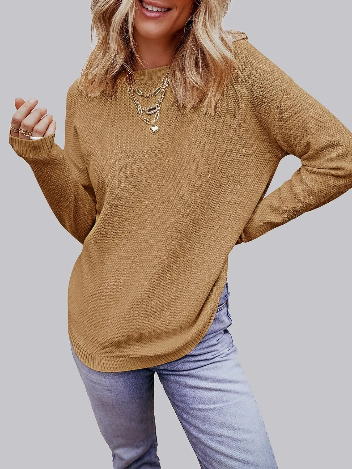 MEROKEETY Women's 2025 Fall Long Sleeve Oversized Crew Neck Solid Color Knit Pullover Sweater Tops
