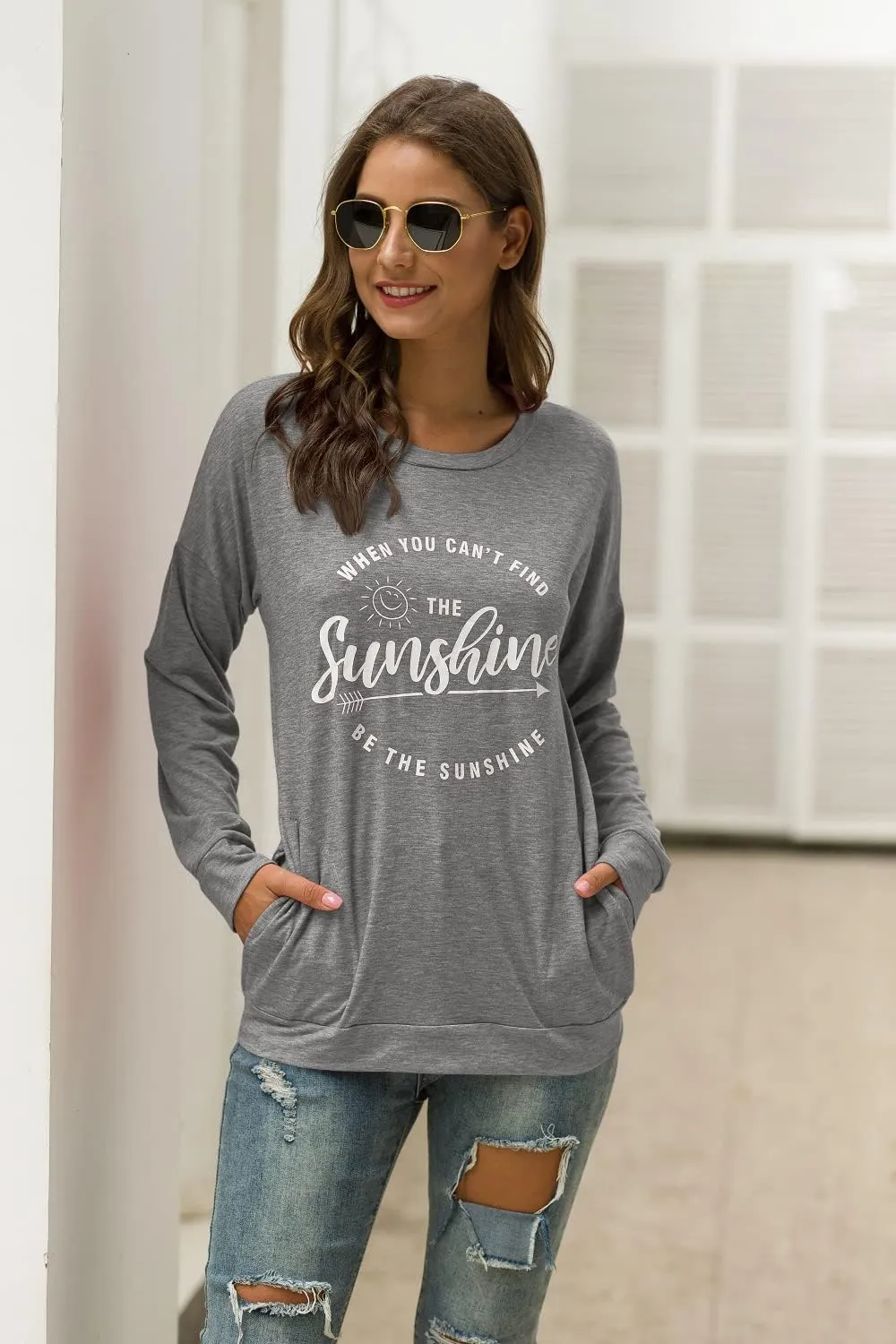 Muicy Womens Sunshine Shirt Casual Long Sleeve Shirt Tops Trendy Loose Fit Sweatshirts Tunic Tops with Pockets