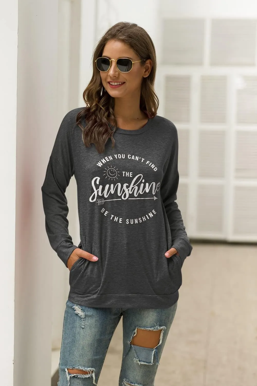 Muicy Womens Sunshine Shirt Casual Long Sleeve Shirt Tops Trendy Loose Fit Sweatshirts Tunic Tops with Pockets
