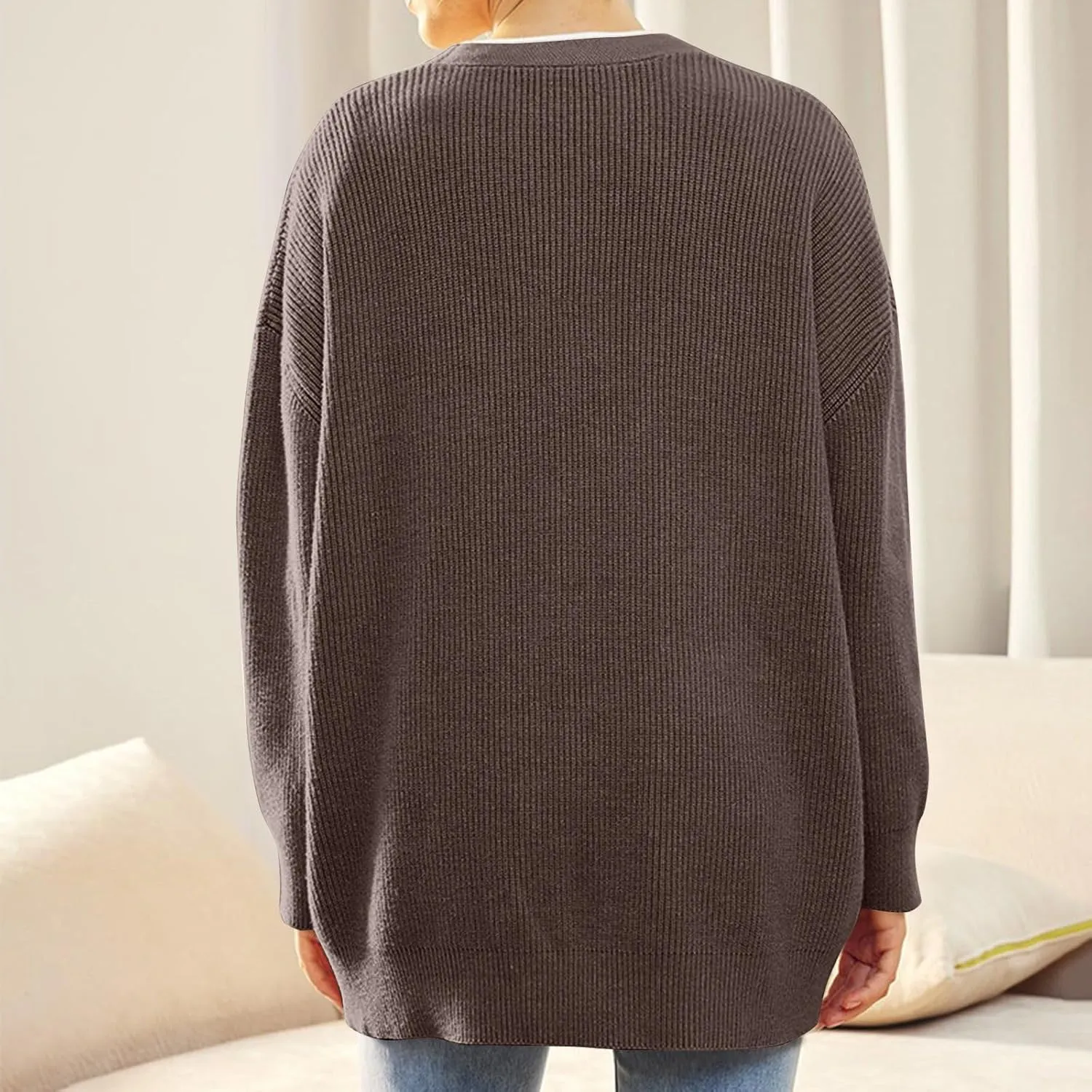 NBXNZWF Women's Long Sleeve Cardigan Striped Open Front Button Down V Neck Knit Outerwear Loose Winter Chunky Sweaters