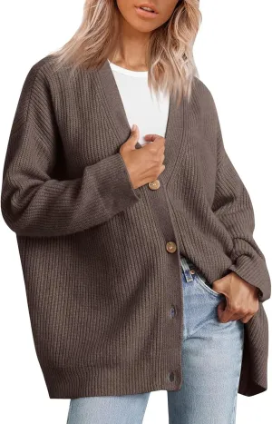 NBXNZWF Women's Long Sleeve Cardigan Striped Open Front Button Down V Neck Knit Outerwear Loose Winter Chunky Sweaters