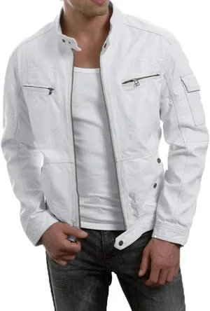 New Fashion Stylish Men's Distress Leather Motorcycle Bomber Biker Outerwear Zipper Coat, White, X-Large