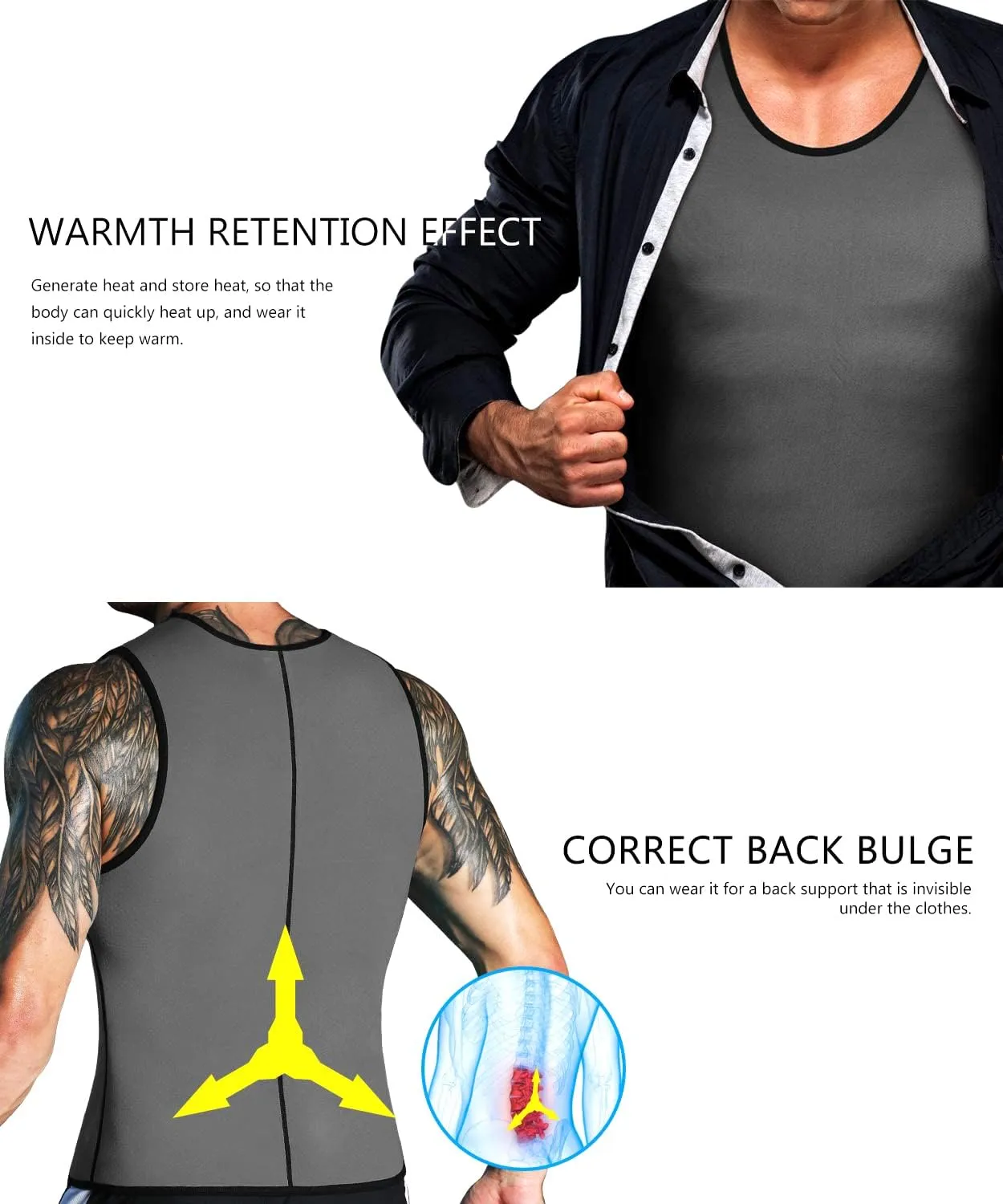 NonEcho Men Neoprene Waist Trainer Sauna Vest Gym Hot Sweat Tank Top Workout Shirt Shapewear Body Shaper No Zipper