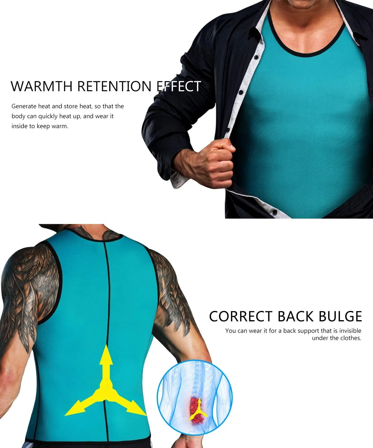 NonEcho Men Neoprene Waist Trainer Sauna Vest Gym Hot Sweat Tank Top Workout Shirt Shapewear Body Shaper No Zipper