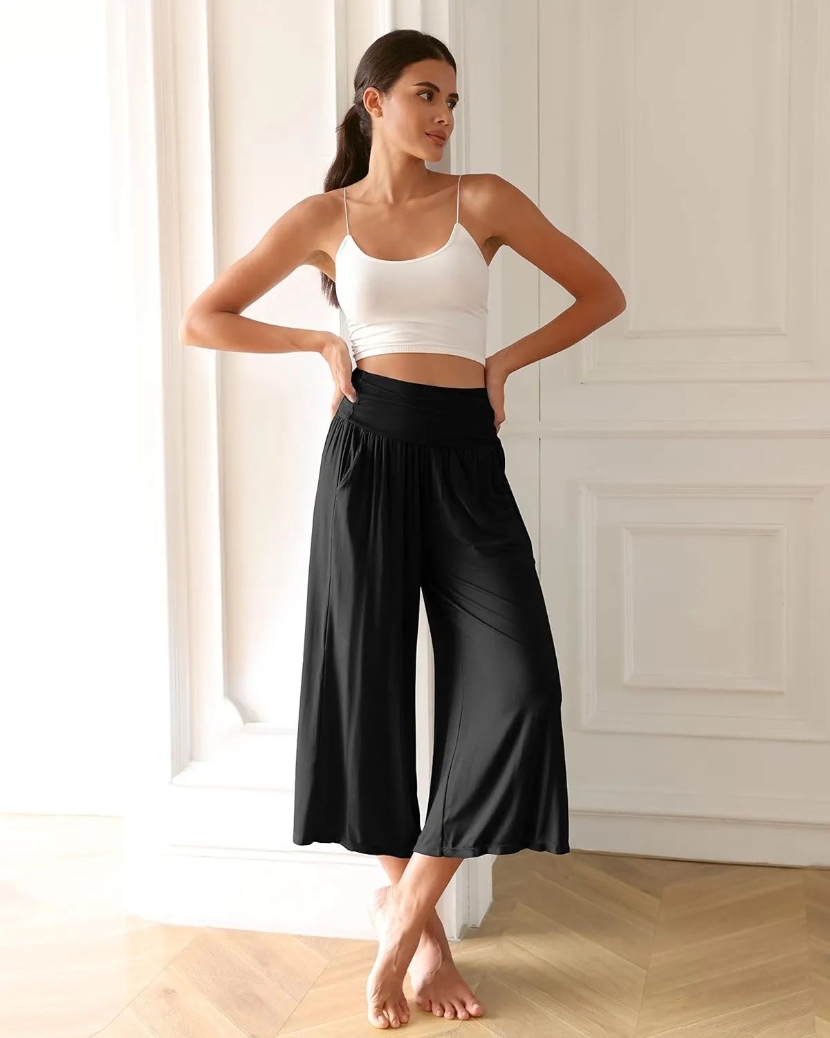 ODODOS Women's Wide Leg Palazzo Lounge Cropped Pants with Pockets Light Weight Comfy Pajama Capri Pants-20/22"/ 24" Inseam