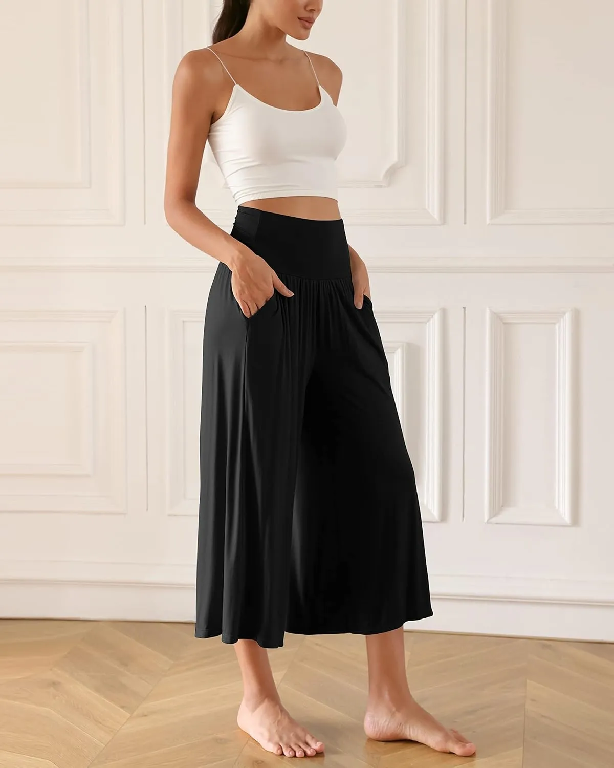 ODODOS Women's Wide Leg Palazzo Lounge Cropped Pants with Pockets Light Weight Comfy Pajama Capri Pants-20/22"/ 24" Inseam