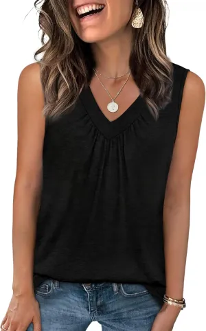 OFEEFAN Tank Top for Women Loose Fit Sleeveless Shirts V Neck Summer Clothes Ruched Women's Tees and Tanks Curved Hem