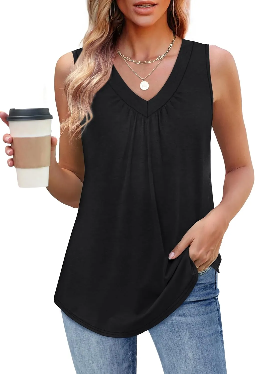 OFEEFAN Tank Top for Women Loose Fit Sleeveless Shirts V Neck Summer Clothes Ruched Women's Tees and Tanks Curved Hem