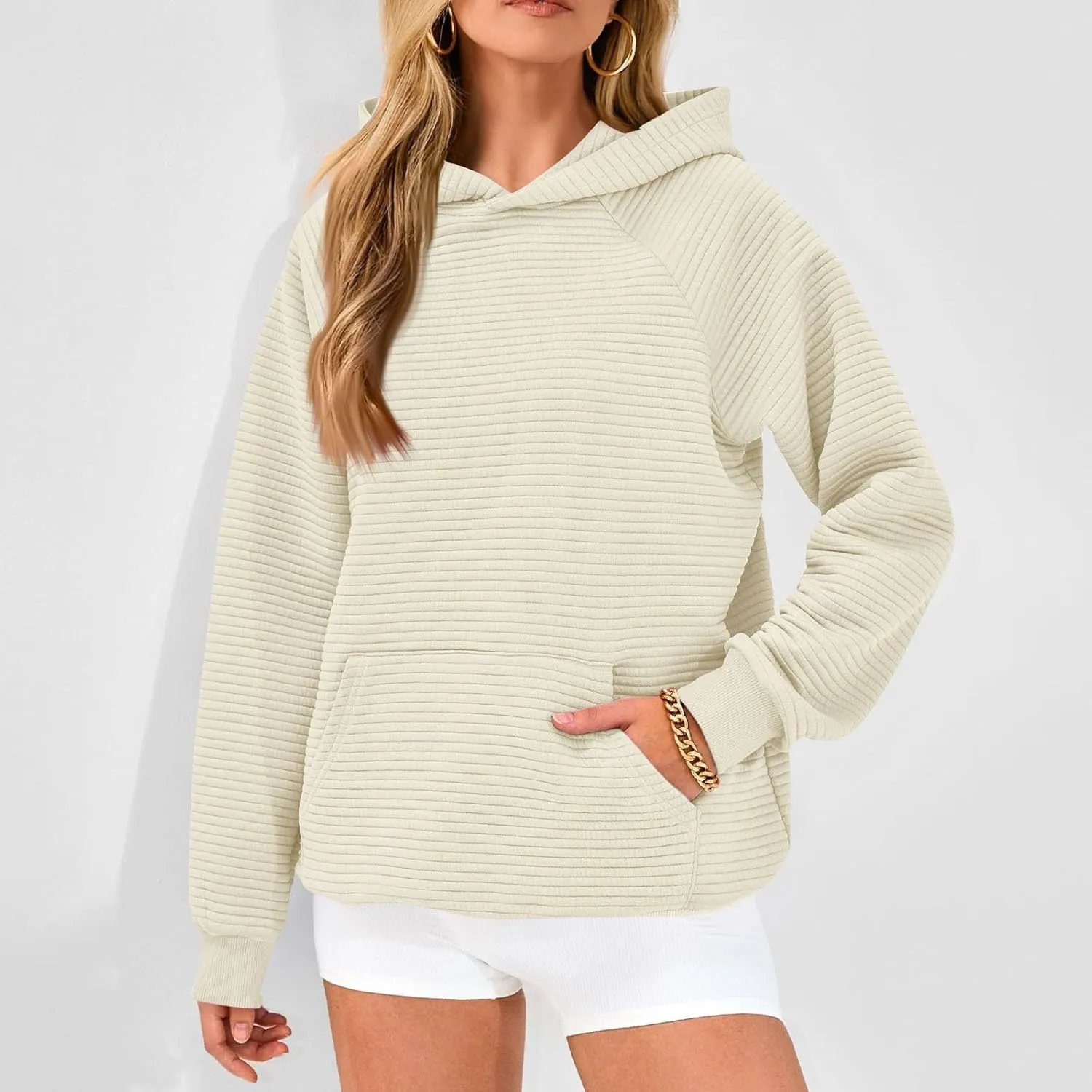 Oversized Hoodie for Women Cute Quilted Hooded Sweatshirt Casual Long Sleeve Pullover Tops with Pocket Travel Outfits