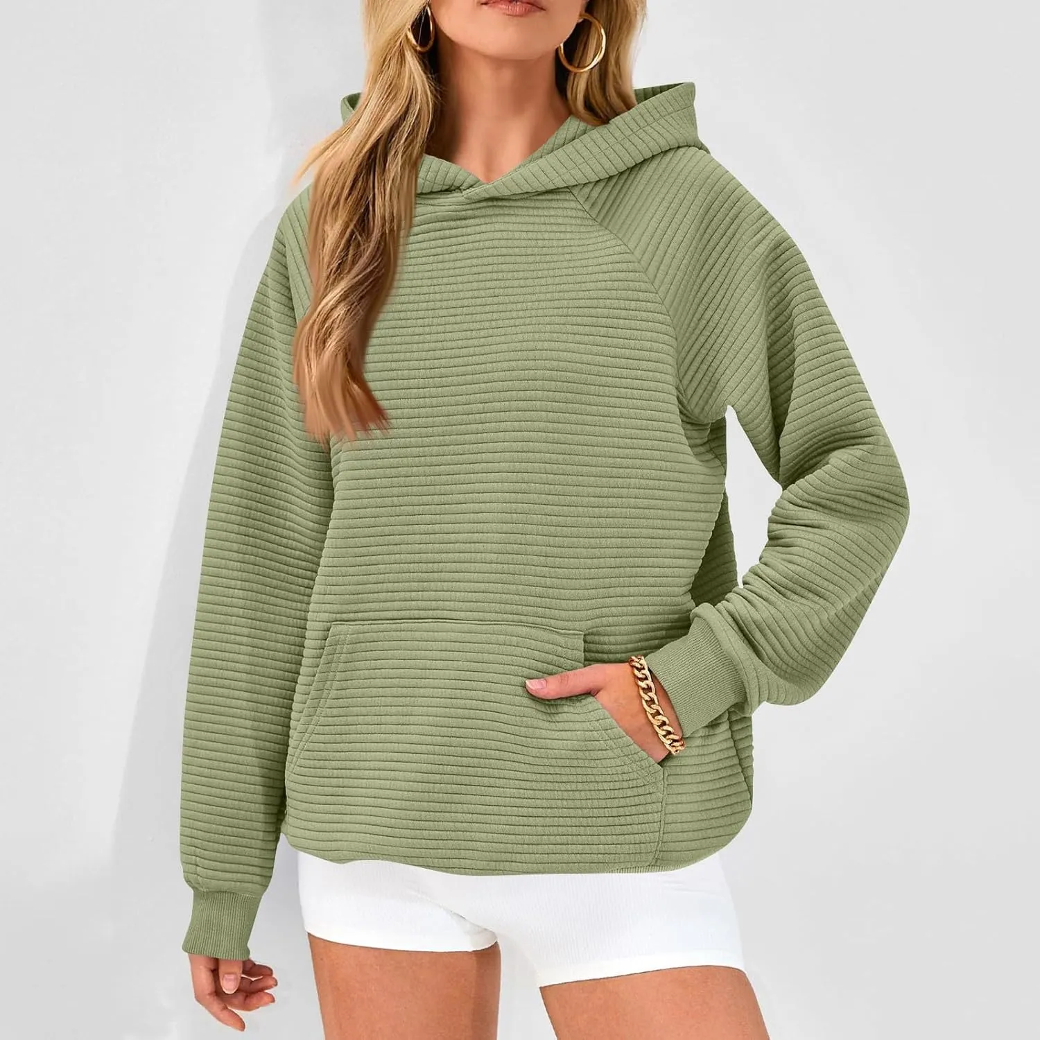 Oversized Hoodie for Women Cute Quilted Hooded Sweatshirt Casual Long Sleeve Pullover Tops with Pocket Travel Outfits
