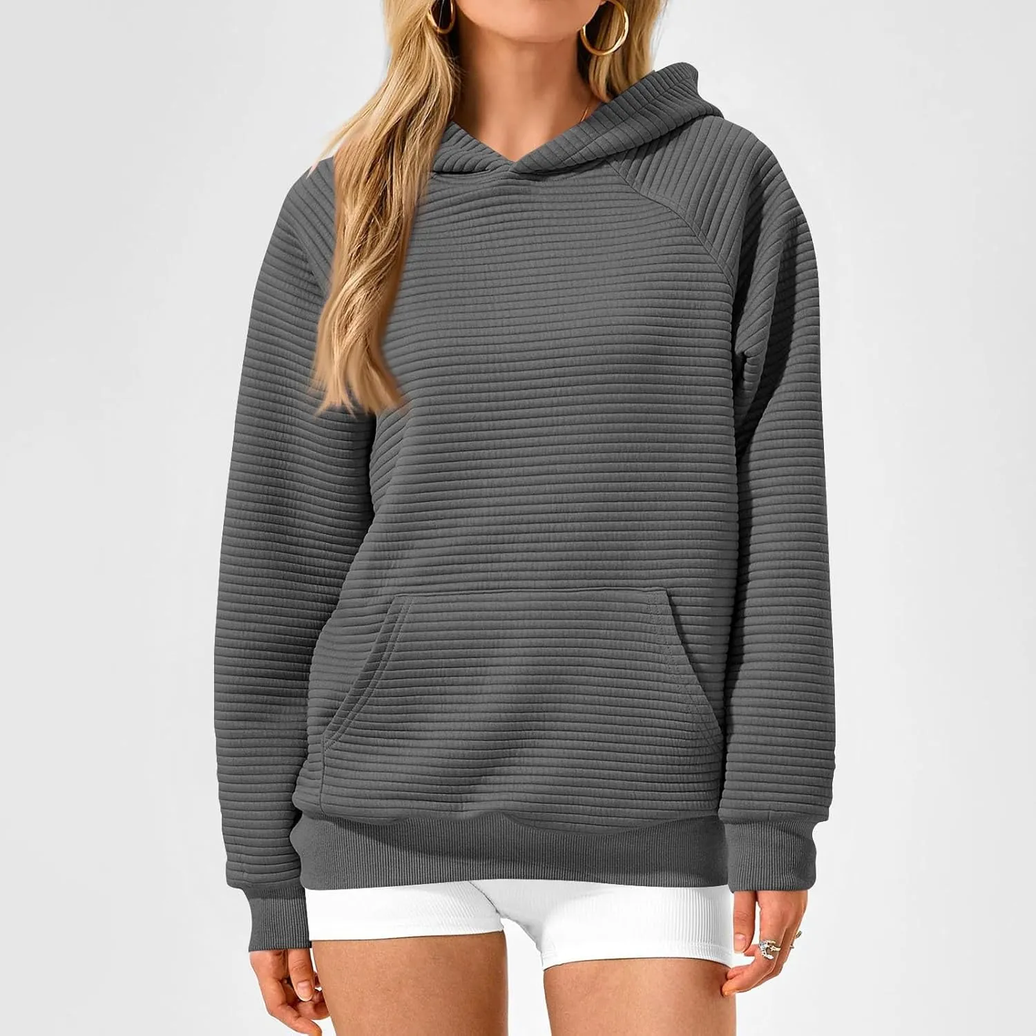 Oversized Hoodie for Women Cute Quilted Hooded Sweatshirt Casual Long Sleeve Pullover Tops with Pocket Travel Outfits
