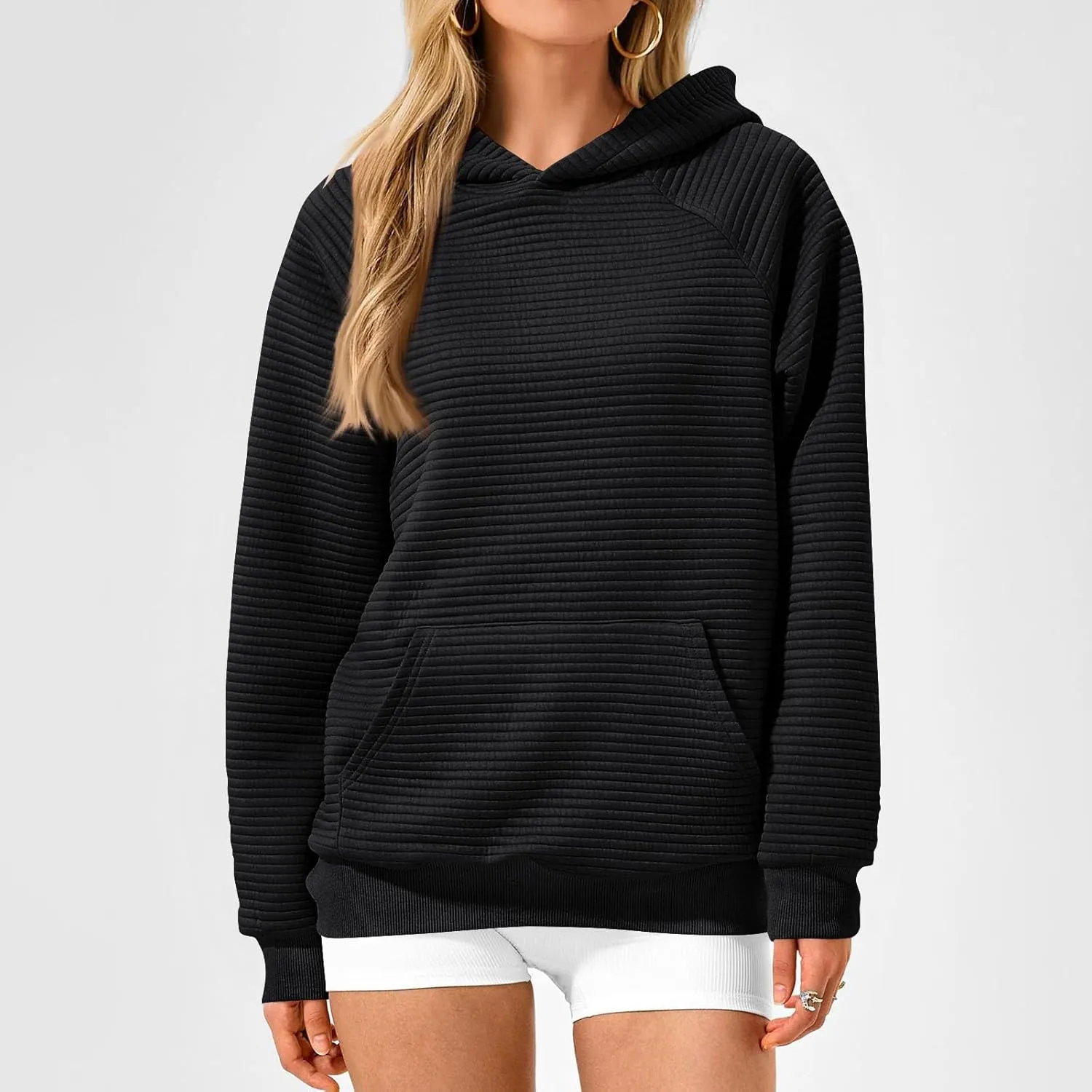Oversized Hoodie for Women Cute Quilted Hooded Sweatshirt Casual Long Sleeve Pullover Tops with Pocket Travel Outfits