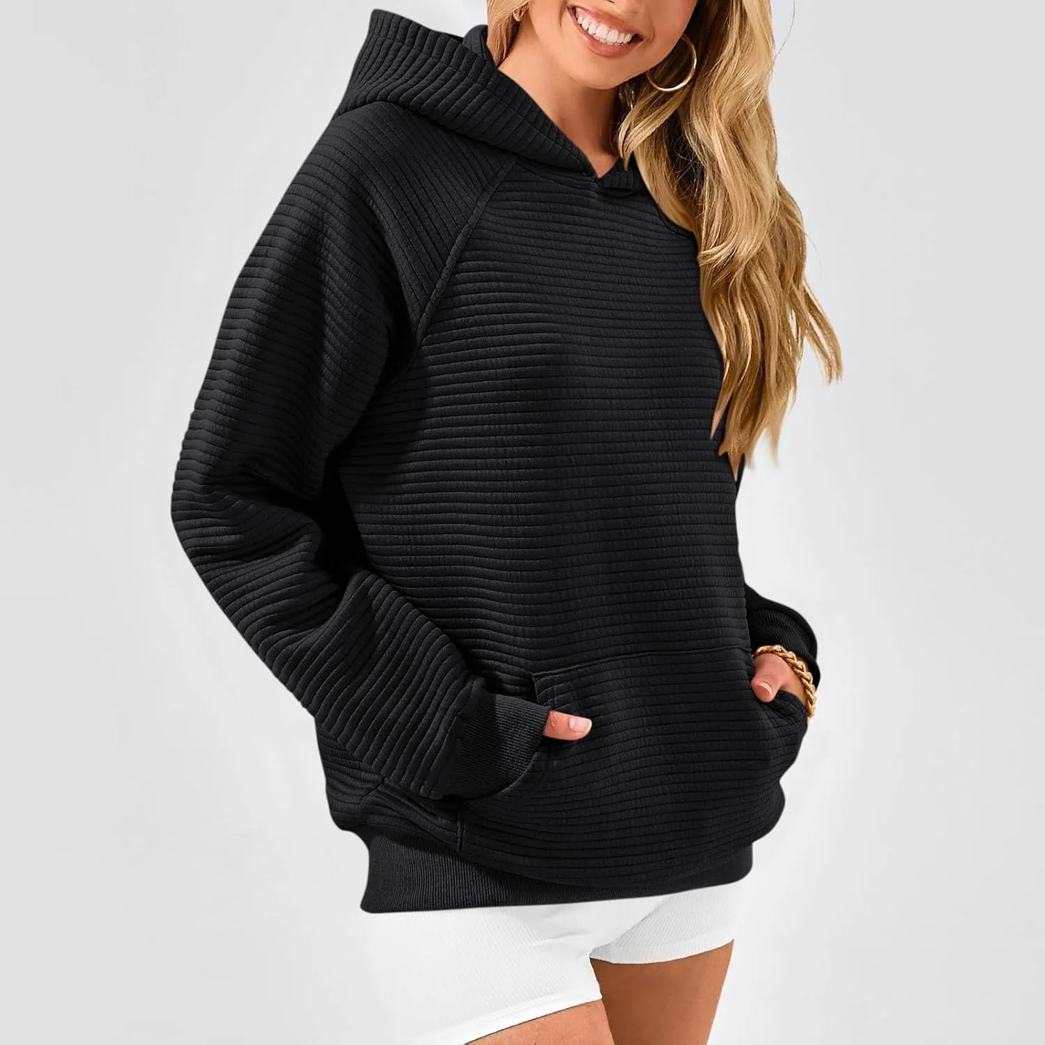 Oversized Hoodie for Women Cute Quilted Hooded Sweatshirt Casual Long Sleeve Pullover Tops with Pocket Travel Outfits