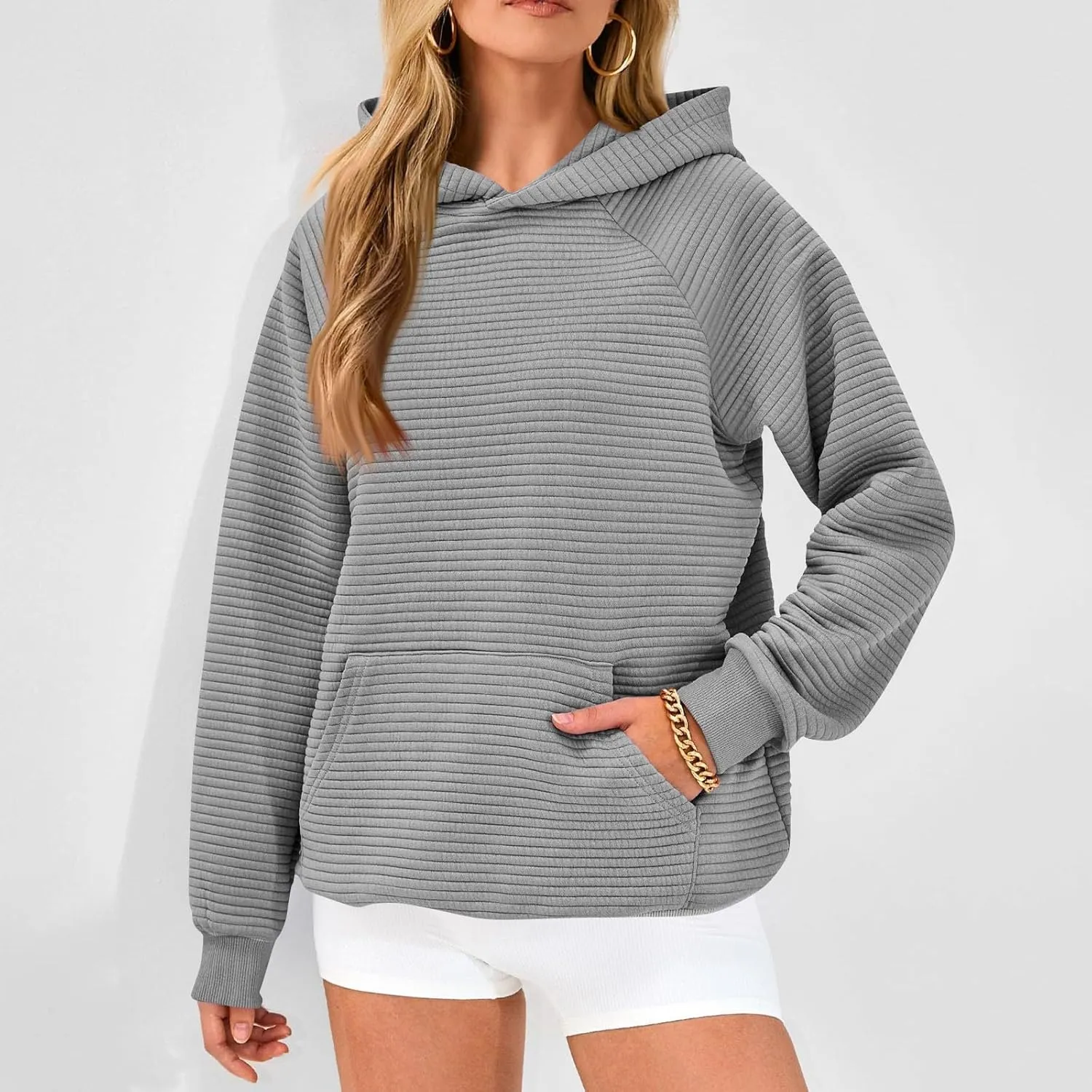 Oversized Hoodie for Women Cute Quilted Hooded Sweatshirt Casual Long Sleeve Pullover Tops with Pocket Travel Outfits